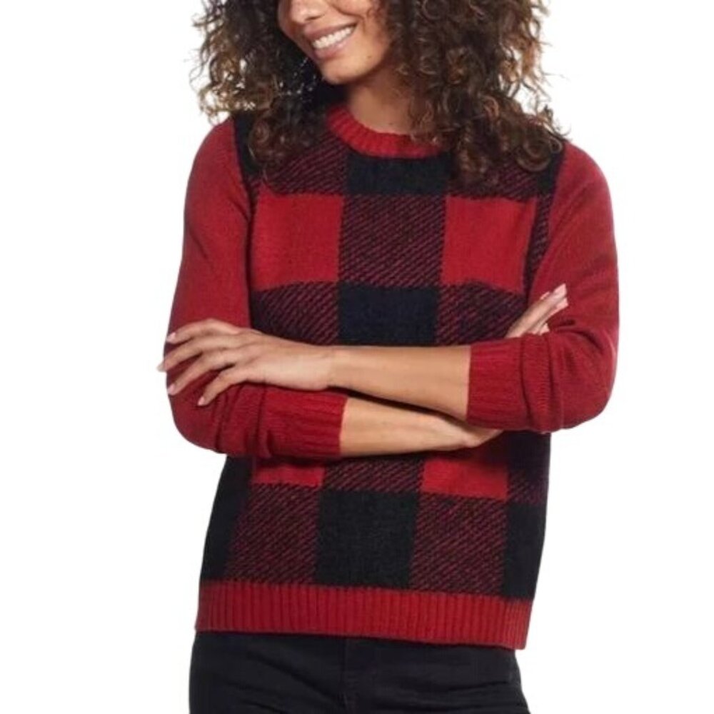NEW Weatherproof Vintage Buffalo Check Crew Neck Sweater Black & Red Size L‎